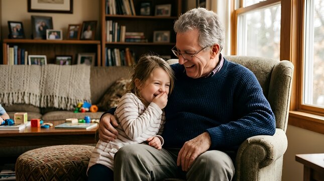 Grandfather and granddaughter sharing a joyful moment at home