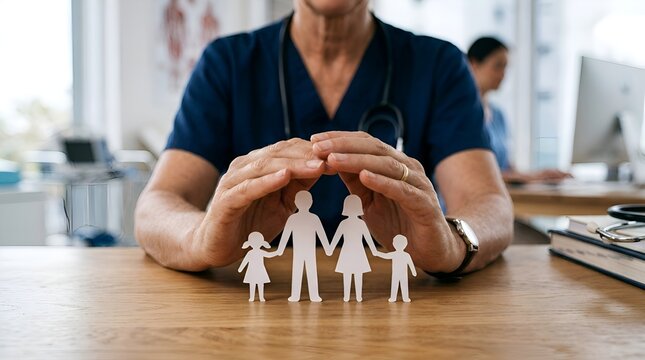 Medical professional, shield of safety protecting family cutout on wooden table