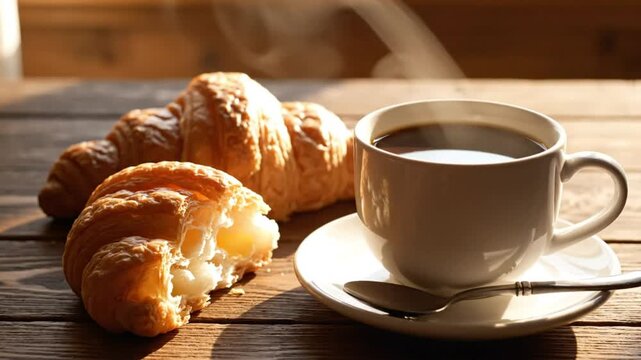 Morning coffee and golden croissants on a wooden table, steam rising from hot beverage, breakfast scene