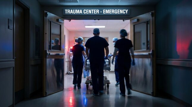 Emergency Medical Team Rushing Patient into Trauma Center with Urgent Care Response in Hospital Corridor