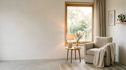 Fototapeta premium Minimalist living room interior with armchair, window, and cozy decor
