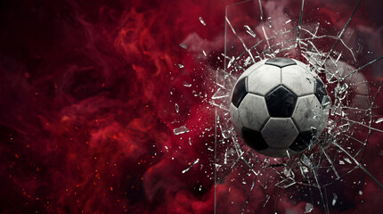 Fototapeta premium Soccer ball explodes through red smoke and glass shards in dramatic sports scene