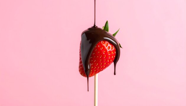 Fresa cubierta de chocolate negro sobre fondo rosa en composici&oacute;n minimalista