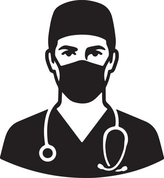 Doctor or Surgeon Avatar Vector Icon Wearing Face Mask and Stethoscope.