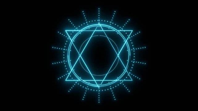 Neon glowing emblem. Mystical geometry symbol. Linear alchemy, occult, philosophical sign.