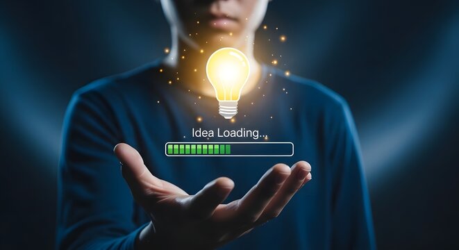 Glowing lightbulb with idea innovation concept idea loading creative thinking
