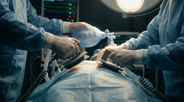 Emergency Defibrillation Procedure in Hospital Operating Room with Medical Team Performing Life Saving Treatment