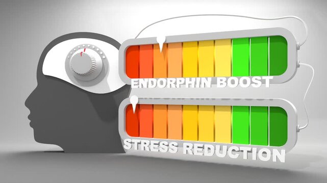 Influence of endorphin boost on stress reduction values. Scales of cause and effect. Meter showing increasing high values. Getting good results.