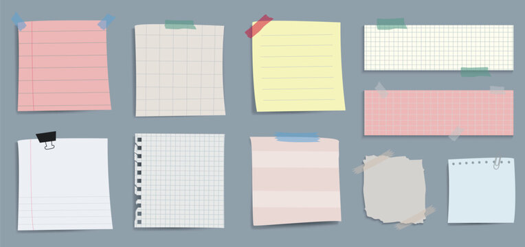 Vector set of taped sticky notes and memo papers with grid and lined textures