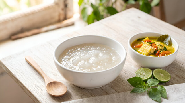 Minimal papeda food styling with yellow fish soup and clean copy space for healthy food articles, nutrition content, and modern cuisine branding.