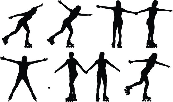 Roller skating silhouettes collection showing people in motion with inline skates.