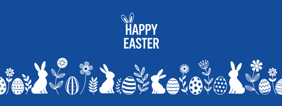 Happy easter banner with rabbits eggs and flowers on blue background.