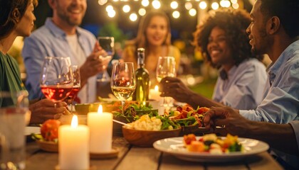 Grupo de amigos cenando juntos en una terraza con velas y ambiente cálido nocturno