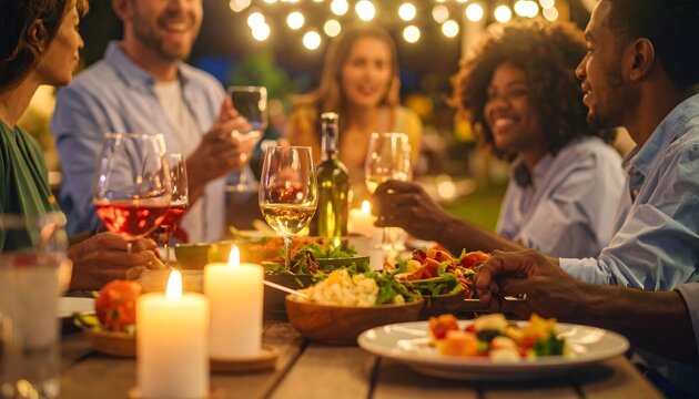Grupo de amigos cenando juntos en una terraza con velas y ambiente c&aacute;lido nocturno