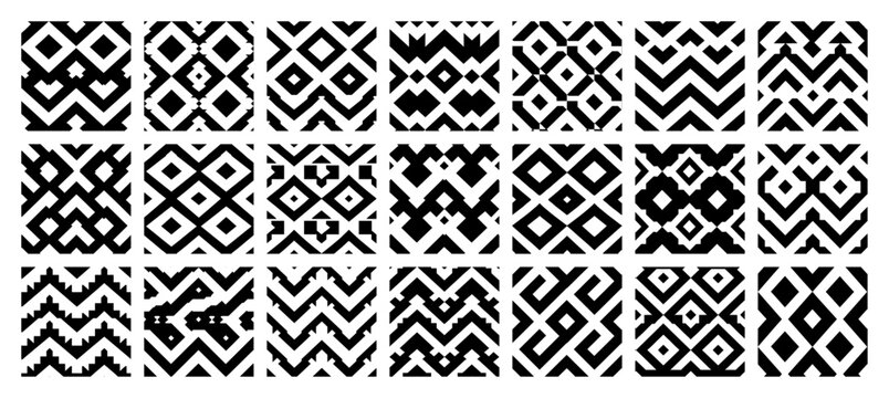 Geometric seamless patterns set featuring tribal and chevron shapes in black and white minimalist style