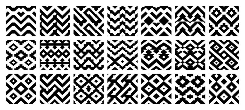 Geometric patterns collection featuring native ethnic motifs and linear shapes in monochrome style