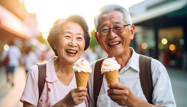 Pareja mayor sonriendo con helados en una calle durante un paseo de verano al aire libre