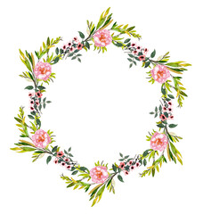 cornice floreale ad acquerello con fiori primaverili. Graziosi fiorellini rosa retrò disposti a forma di cerchio per auguri, biglietti di compleanno biglietti per nozze © sommaria