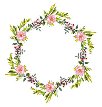 cornice floreale ad acquerello con fiori primaverili. Graziosi fiorellini rosa retr&ograve; disposti a forma di cerchio per auguri, biglietti di compleanno biglietti per nozze