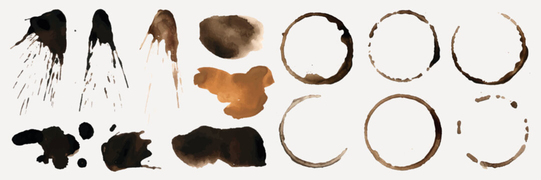 Vector set of coffee stains and splashes in various shapes and shades.