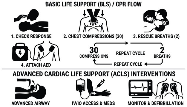 CPR ( Cardiopulmonary resuscitation ) icon ( black & white , flat design ) , Basic life support ( BLS )and Advanced cardiac life support ( ACLS )( mouth to mouth , chest compression , defibrillation )