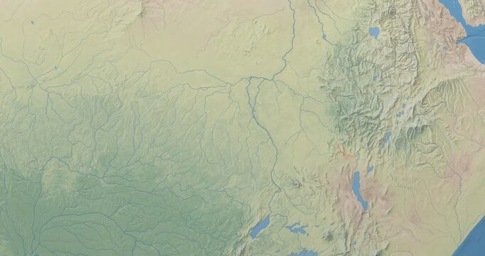 South Sudan on Globe. Zoom into the country with Earth spinning on dark background. Physical world map with South Sudan and label on it. Country view animation.