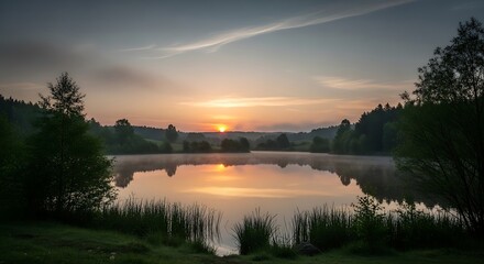 Obraz premium Serene morning sunrise over a reflective lake surrounded by misty forests and lush greenery in a peaceful nature landscape setting with soft golden glow
