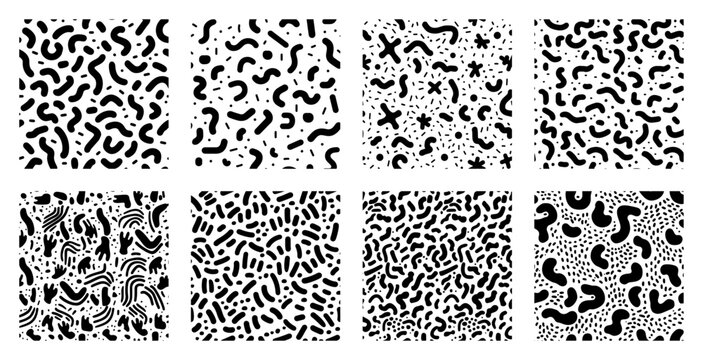 Abstract shapes seamless patterns set with playful memphis doodle textures
