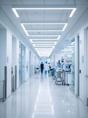 Fototapeta premium blurred hospital corridor, empty medical hallway, bright ceiling lights, shiny floor reflection, clean clinic interior, out of focus, blurred background people, long corridor view, bright indoor light