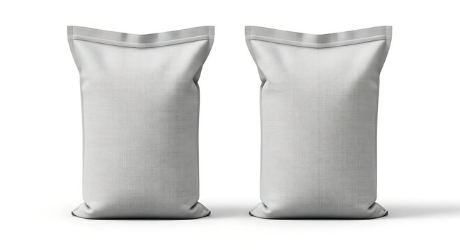 Isolated pair of blank grey polypropylene woven industrial bulk sacks for packaging storage distribution and bulk goods
