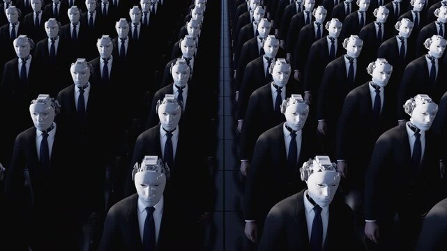 Endless 3d loop animation of humanoid robots in business suits walking together. Concept of corporate automation, future workforce and artificial intelligence taking over office jobs.