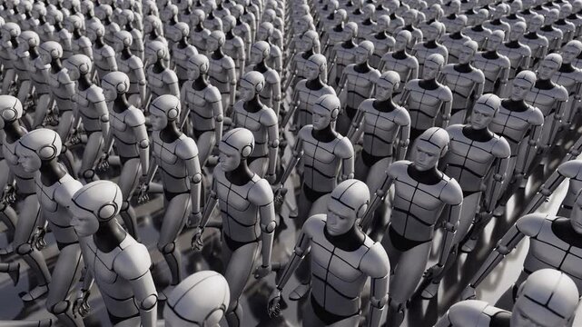 Seamless 3d loop of an army of identical futuristic androids. Abstract visualization of artificial intelligence, cloning and technology evolution. Cinematic sci-fi atmosphere for tech projects.