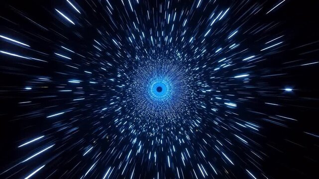 Starfield warp tunnel with radial light streaks zooming into black hole in space