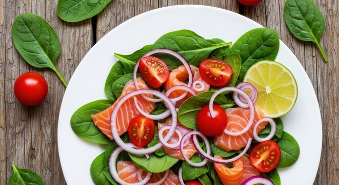 Fresh salmon salad with spinach, cherry tomatoes, red onion, and lime
