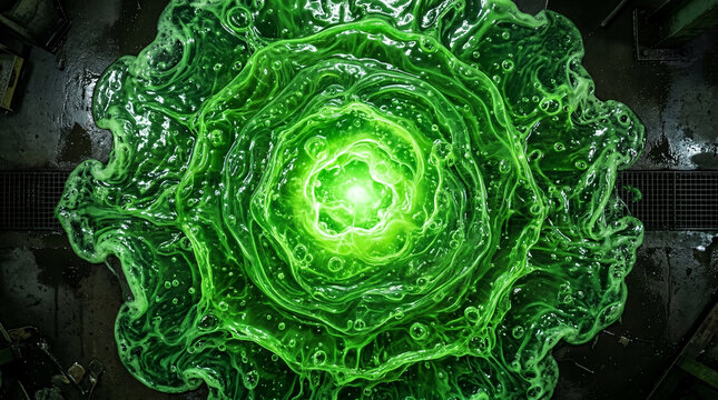 Glowing Green Toxic Slime Bubbling on Dark Industrial Floor Surface