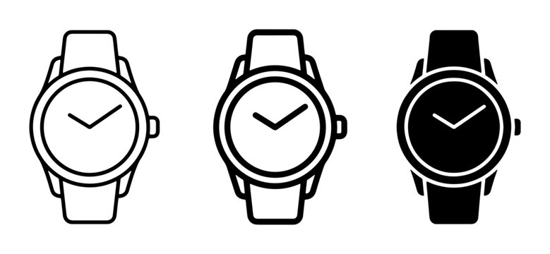 Wristwatch Icons, Timepiece Symbols, Analog Watch Graphics. Set of 3 minimalist vector illustrations representing timekeeping devices, suitable for design projects.
