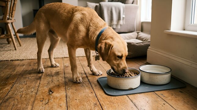 Labrador retriever eats from food bowl, domestic pet concept