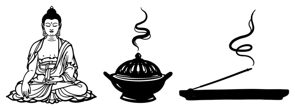 buddha meditating statue and incense burner icons with smoking sticks line art