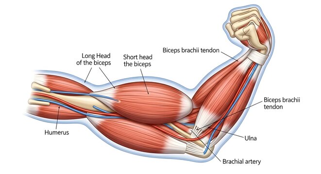 Biceps Brachii Function at the Elbow: Flexed Arm Illustration Showing Long and Short Heads, Distal Tendon Insertion on Radius, Relationship to Humerus, Ulna and Brachial Artery for Understanding Flexi