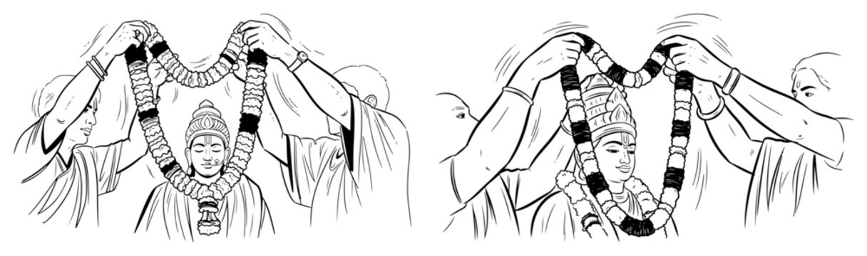 Indian wedding rituals with garland exchange varmala ceremony illustrations in sketch style