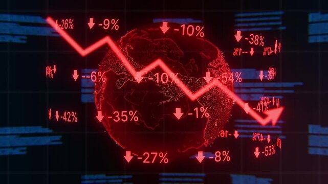 falling line graph global economic recession. Suitable for finance reports, articles, presentations, and educational materials on economic downturns.