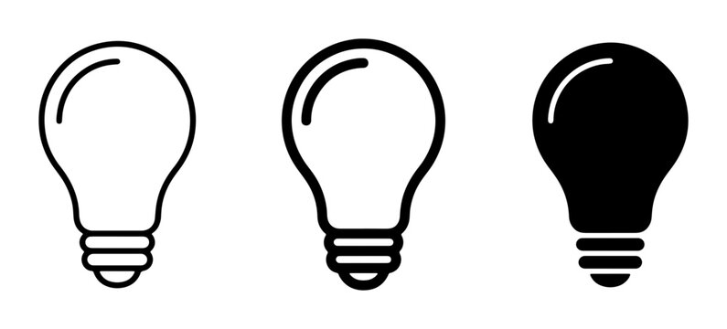 Light Bulb Icons Set, Simple Outline and Solid Fill Variations, Symbolizing Ideas, Innovation, and Electricity Concepts