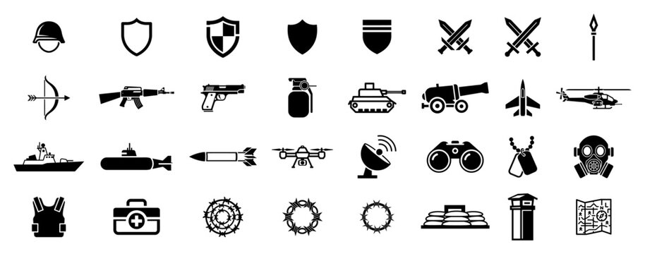 Military and army icons collection featuring weapons security gear and war vehicles in flat black glyph style