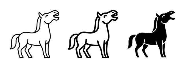 Obraz premium Horse Icons, Equine Silhouette, Animal Graphics Set: Three stylized horse illustrations in outline and solid black, representing equestrian themes and farm life.