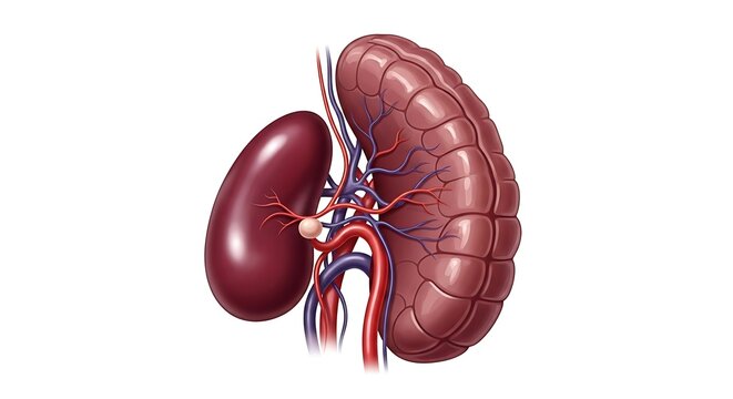 Close-up view of a pair of human kidneys with blood vessels.