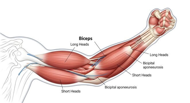 Muscular Anatomy of the Human Arm: Detailed Illustration of the Biceps Brachii Long and Short Heads, Brachialis and Surrounding Forearm Muscles Showing Fiber Direction, Tendinous Insertions and Functi