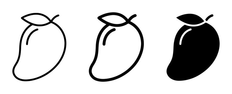 Mango Icons Set, Tropical Fruit Vector Graphics, Simple Outline and Solid Fill Mango Illustrations for Food and Health Concepts