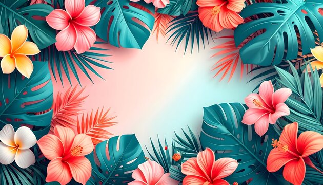 Marco tropical con flores de hibisco y hojas ex&oacute;ticas sobre fondo claro con espacio para texto