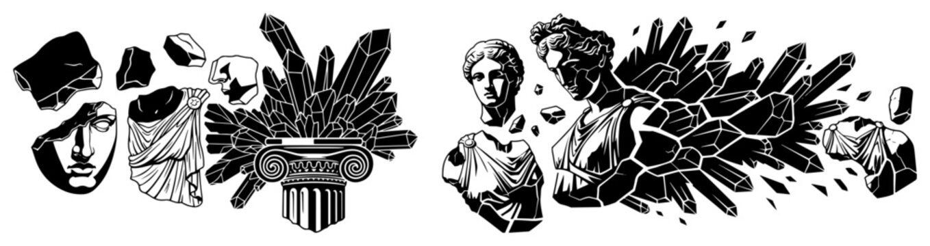 Broken classical antique statues and columns with growing crystal clusters in graphic style