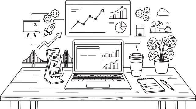Business workspace with laptop and growth charts